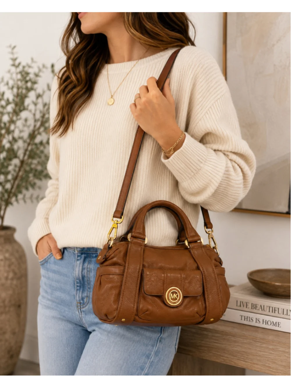 Michael Kors Brown Pebbled Leather Satchel Crossbody Bag Gold Hardware